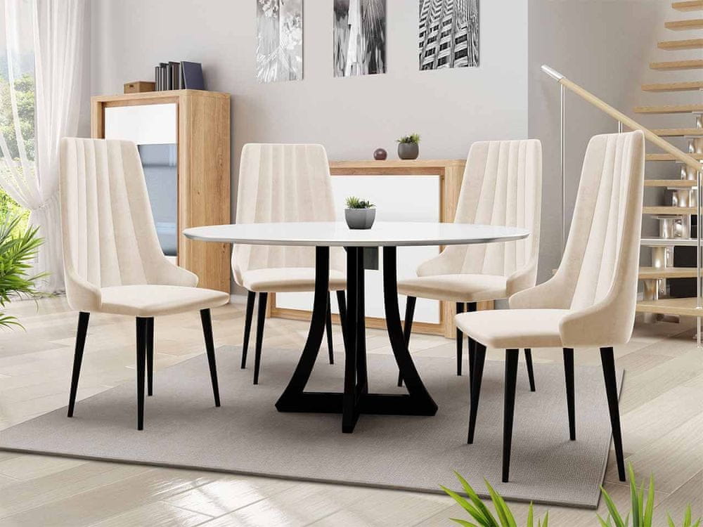 Veneti Okrúhly jedálenský stôl 100 cm so 4 stoličkami TULZA 1 - lesklý čiernobiely / béžový